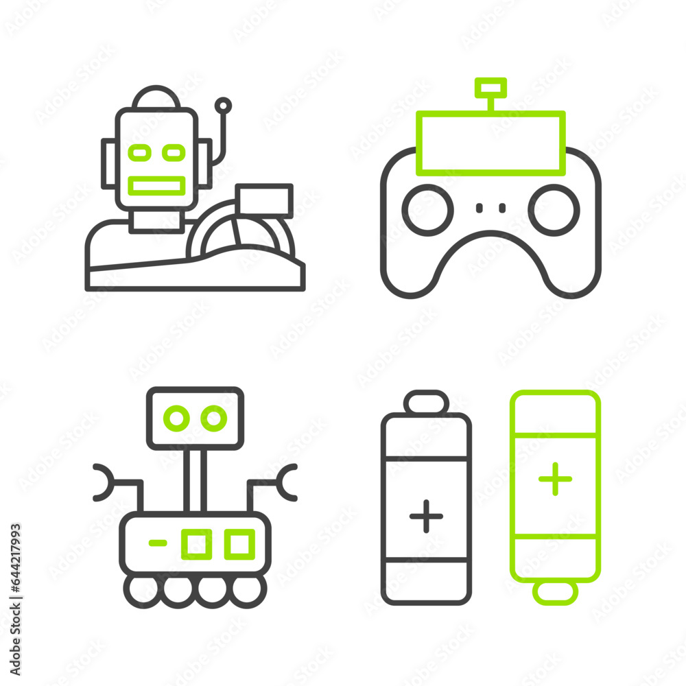 Set line Battery, Robot, Remote control and humanoid driving car icon. Vector Set line Battery, Robot, Remote control and humanoid driving car icon. Vector