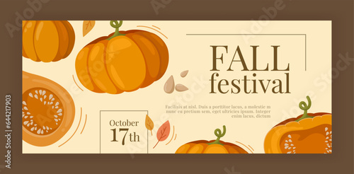 Banner with many big pumpkins, small seeds, simple leaf icons.  Autumn Farm Fair. Invitation flyer layout. Creative design for event advertising. Whole and half cut fruits. Warm colors fall template