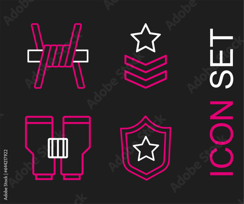 Set line Military reward medal, Binoculars, rank and Barbed wire icon. Vector