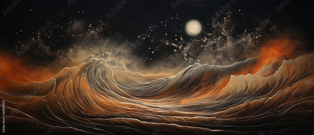 Obraz na płótnie Obraz malowany piaskiem na czarnym płótnie. Księżyc i wzburzone fale gorącej lawy. Abstrakcja. w salonie