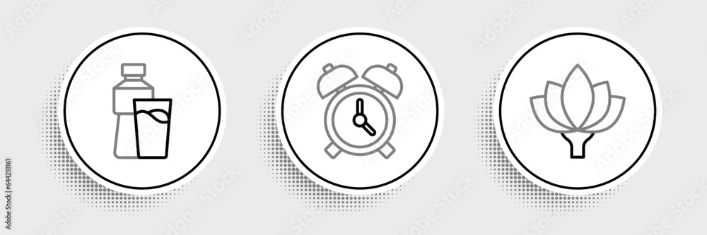 Set line Lotus flower, Bottle of water with glass and Alarm clock icon. Vector Set line Lotus flower, Bottle of water with glass and Alarm clock icon. Vector