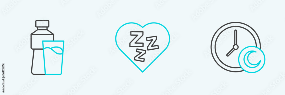 Set line Time to sleep, Bottle of water with glass and Sleepy icon. Vector Set line Time to sleep, Bottle of water with glass and Sleepy icon. Vector