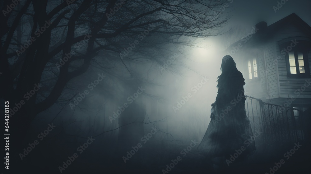 Frightening ghost in a cloak with a hood against the backdrop of a lonely ruined house in the fog. Abandoned haunted house scene as concept for spooky Halloween. Illustration for design. - obrazy, fototapety, plakaty 