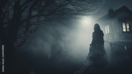 Frightening ghost in a cloak with a hood against the backdrop of a lonely ruined house in the fog. Abandoned haunted house scene as concept for spooky Halloween. Illustration for design.