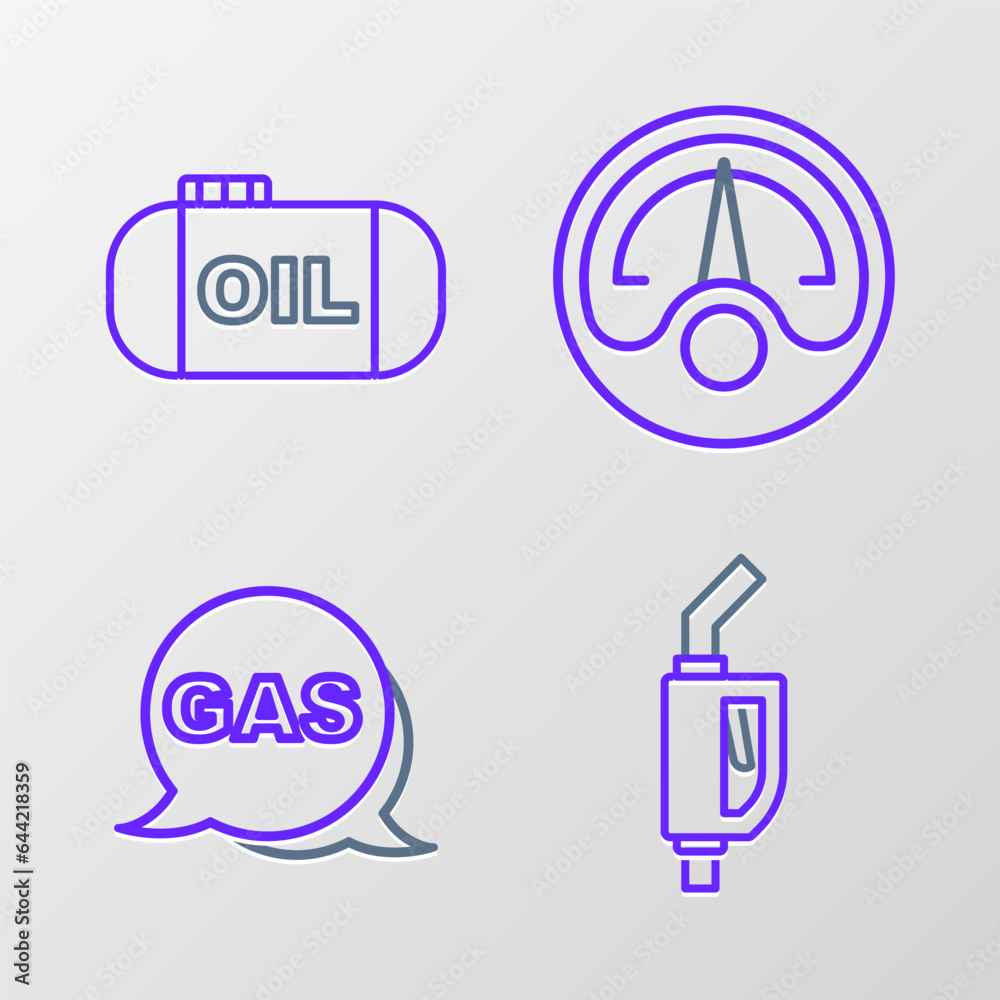 Set line Gasoline pump nozzle, Location and gas station, Motor gauge and Oil tank storage icon. Vector Set line Gasoline pump nozzle, Location and gas station, Motor gauge and Oil tank storage icon. Vector
