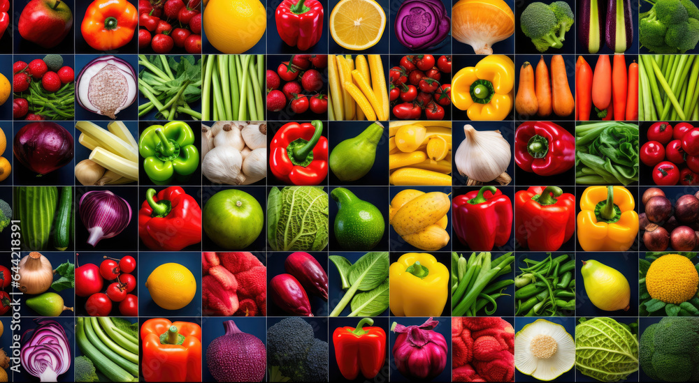 Background of vegetables, fruits and berries. Top view of stalls with organic plant products in the farmer's market or store. Products for a healthy diet. Bright colorful showcase.