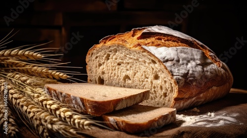 Freshly baked and fragrant bread, cut into slices, lies on the table against the background of ears of wheat or rye. Homemade baking. Illustration for cover, card, postcard, interior design or print.