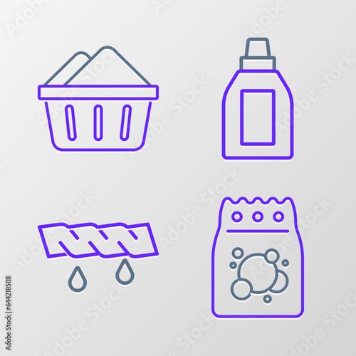 Set line Laundry detergent, Squeeze clothes, Bottle for cleaning agent and Basin with soap suds icon. Vector