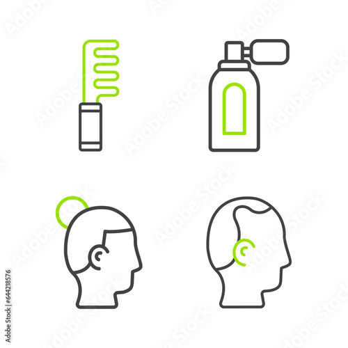 Set line Baldness, Hairstyle for men, Aftershave with atomizer and Hairbrush icon. Vector