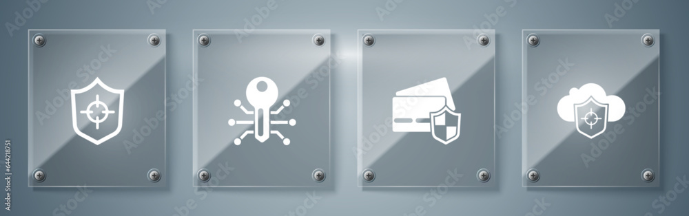 Set Cloud and shield, Credit card with, Smart key and Shield. Square glass panels. Vector