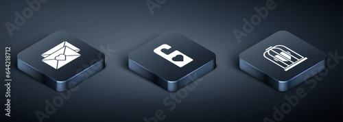 Set Isometric Envelope with Valentine heart, Heart in the bird cage and Please do not disturb with heart icon. Vector