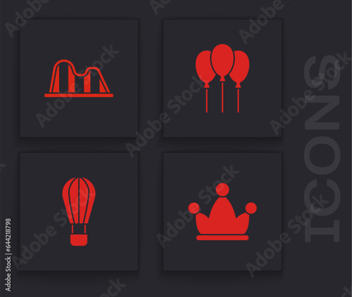 Set Jester hat with bells, Roller coaster, Balloons ribbon and Hot air balloon icon. Vector