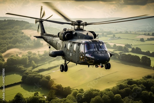 An image of a UK military helicopter in flight during a training exercise in Wiltshire. Generative AI
