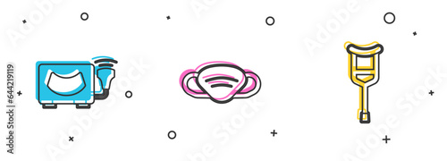 Set Ultrasound, Medical protective mask and Crutch or crutches icon. Vector