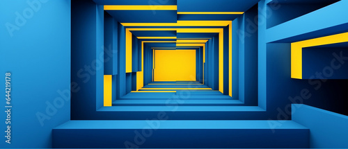 Abstrakcyjne tło do prezentacji produktu- pomieszczenie 3d w perspektywie jednozbiegowej. Punkt zbiegu na środku. Kształty w niebiesko - żółtych kolorach flagi Ukrainy. 