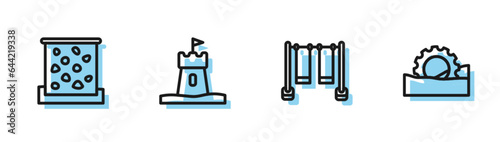 Set line Double swing, Climbing wall, Sand tower and Ferris wheel icon. Vector
