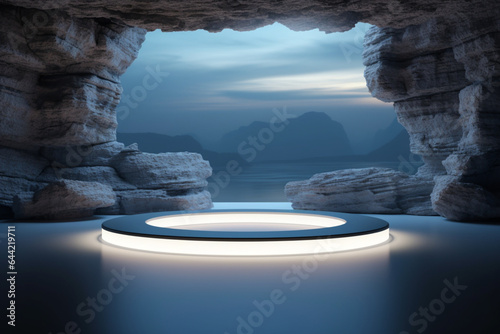Abstract black background futuristic stone pedestal for product presentation, podium product 3d rendering
