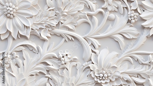 a stucco floral pattern on a wall within an elegantly decorated room. The image highlights the pattern's role in enhancing interior aesthetics. SEAMLESS PATTERN. SEAMLESS WALLPAPER.
