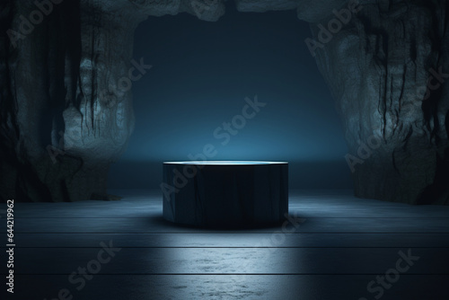 Abstract black background futuristic stone pedestal for product presentation, podium product 3d rendering
