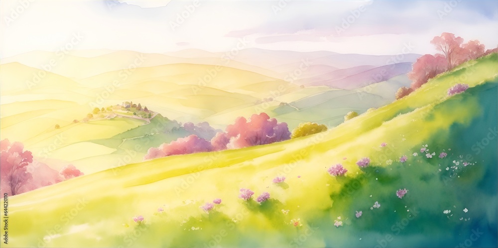 Beautiful landscape wit rolling hills. Watercolor. AI generated illustration