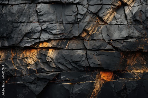 struktura kamienia węglowego ze złotem, tapeta złoto węglowa, czarny kamień ze złotem na tle.