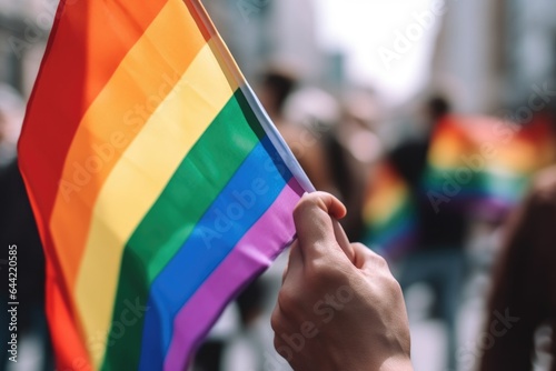 cropped shot of an unrecognizable man holding a rainbow flag during pride day in the city photo