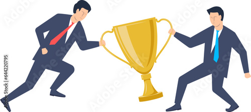 Young men in suits fight for the championship and the cup. Leadership concept. Vector illustration