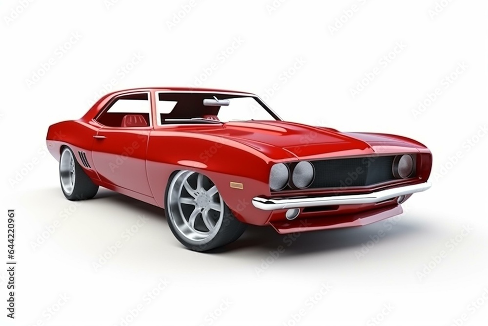 3D rendering of a vintage red American muscle car isolated on a white background. Generative AI