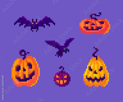 Pumpkins, crow and bat icons set in pixel art. Pixelated cartoon elements about Halloween holiday, 8 bit retro style vector illustration © PixelChoice