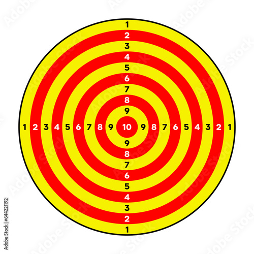 Shooting range paper target with divisions, marks and numbers. Archery, gun shooting practise and training, sport competition and hunting. Bullseye and aim. Vector illustration