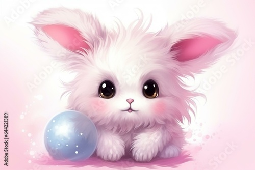 Cute fluffy pink rabbit ball. Realistic art with big eyes. Cartoon illustration in soft pastel colors. Generative AI