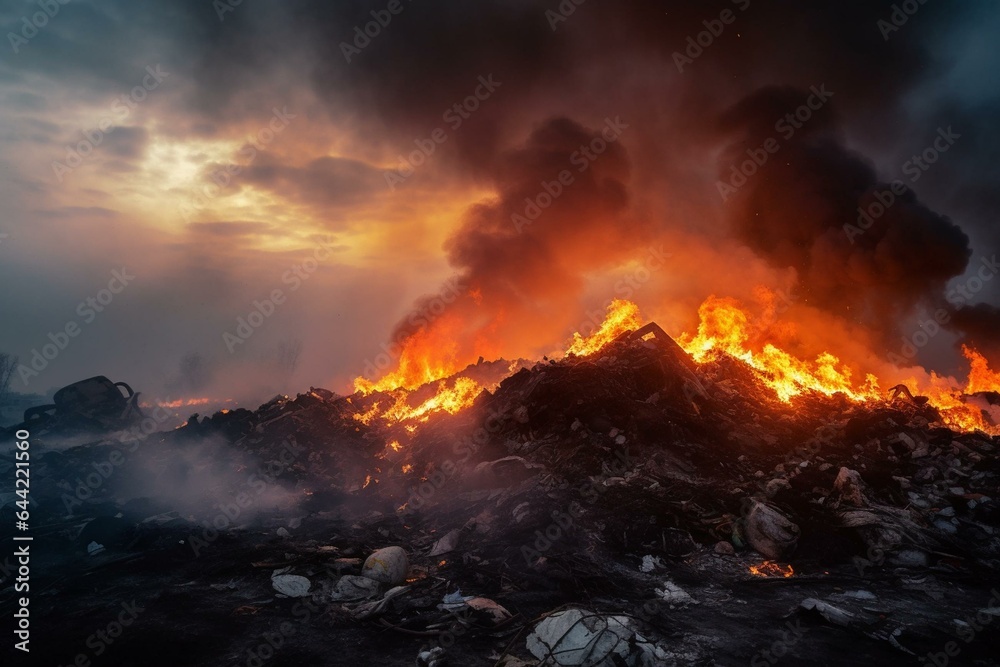 Burning garbage on dump emits smoke and flames. Generative AI