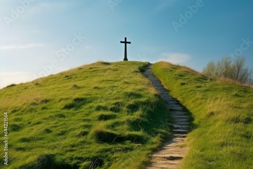 Symbol of faith, a cross on the hill, a path to God. Celebrating Easter. Generative AI