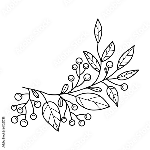 Outline Branch with Christmas berries and leaves. Linear hand drawing. Vector illustration. Xmas design, decorating.
