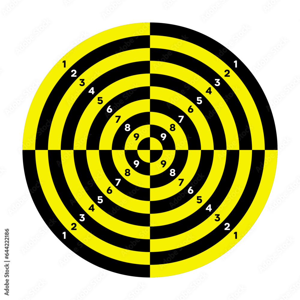 Shooting range paper target with divisions, marks and numbers. Archery, gun shooting practise and training, sport competition and hunting. Bullseye and aim. Vector illustration Shooting range paper target with divisions, marks and numbers. Archery, gun shooting practise and training, sport competition and hunting. Bullseye and aim. Vector illustration