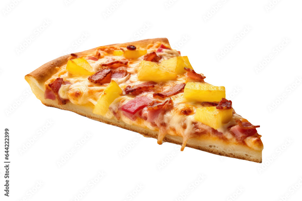 Slice of Hawaiian Pizza with Ham and Pineapple Isolated on a Transparent Background - obrazy, fototapety, plakaty 