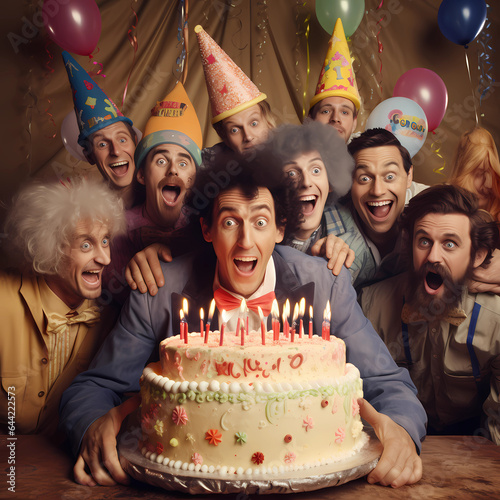 Crazy funny people celebrating birthday around the cake. Congratulations with balloons and confetti.