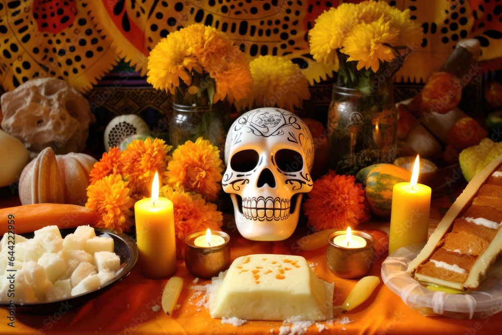 Sugar skull with candles, bread. Day of the dead Sugar skull with candles, bread. Day of the dead