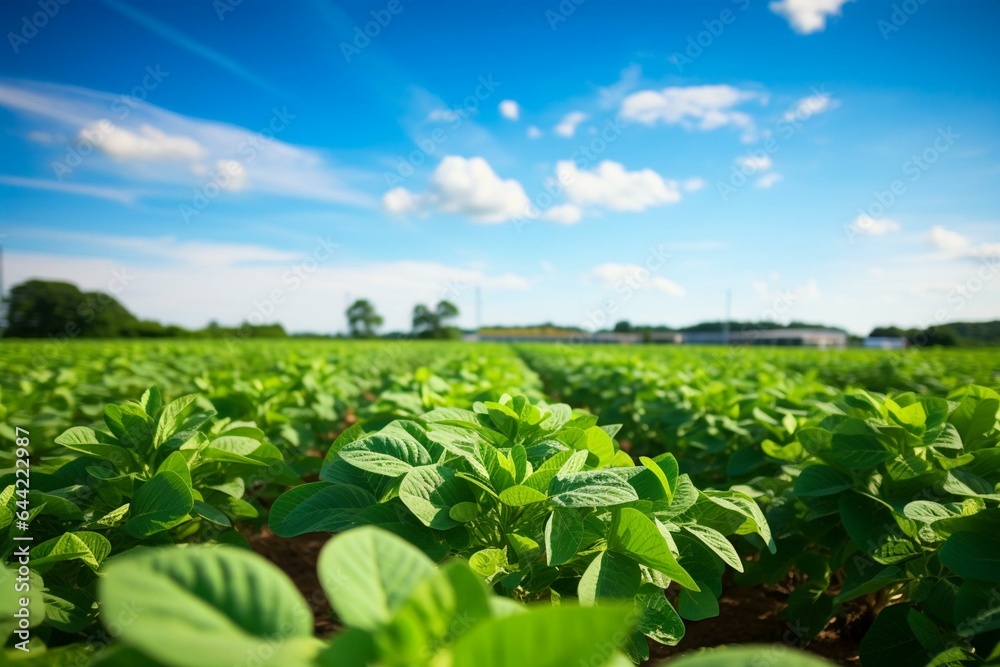 The farm has vibrant fields of soy plants. Generative AI