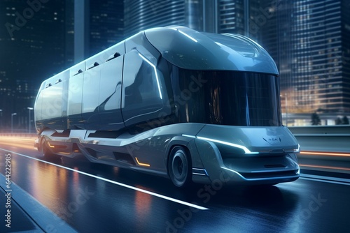 Futuristic electric truck driving on the road. Generative AI © Caspian