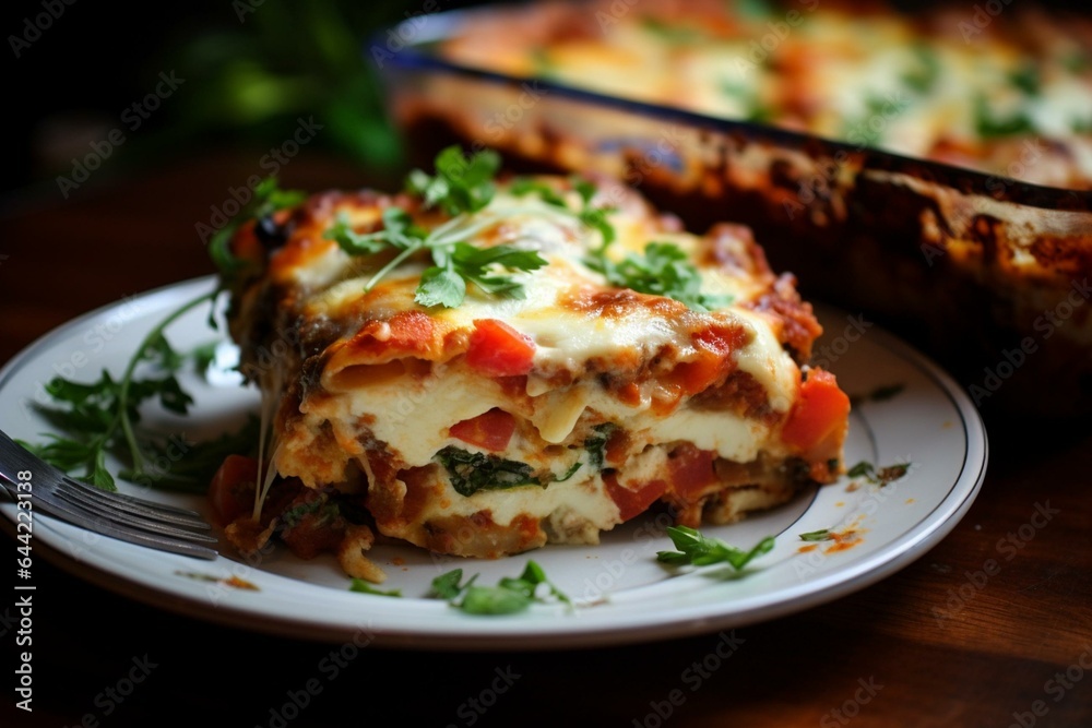 Baked lasagna with tomato, vegetable, and melty mozzarella cheese. Generative AI