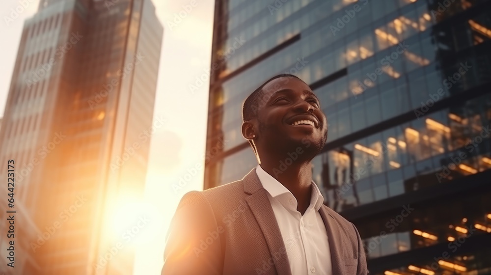 Happy wealthy rich successful black businessman standing in big city modern skyscrapers street on sunset thinking of successful vision, dreaming of new investment opportunities. - obrazy, fototapety, plakaty 