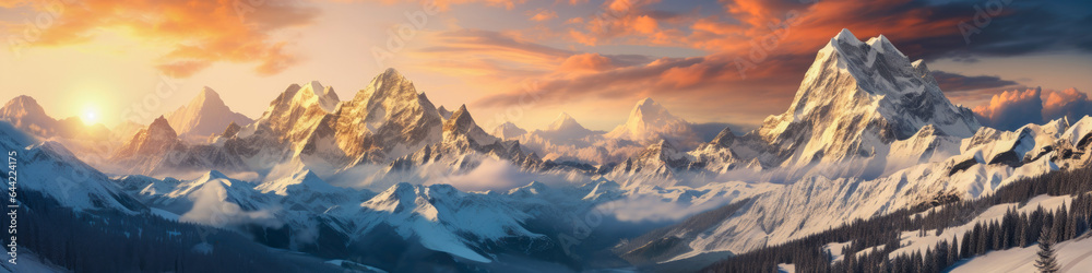 Majestic mountains with rugged snow-capped peaks, landscape panorama, aerial view