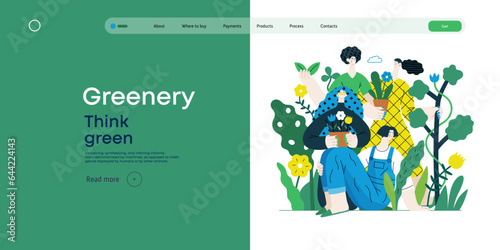Greenery, ecology -modern flat vector concept illustration of people surrounded by plants and flowers. Metaphor of environmental sustainability and protection, closeness to nature