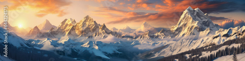 Majestic mountains with rugged snow-capped peaks, landscape panorama, aerial view