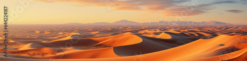 A breathtaking aerial panorama of sand dunes basking in the warm  golden glow of the setting sun