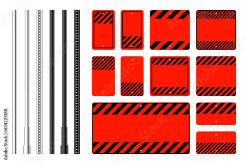 Warning, danger signs, attention banners with metal poles. Blank red caution sign, construction site signage. Notice signboard, warning banner, road shield. Vector illustration