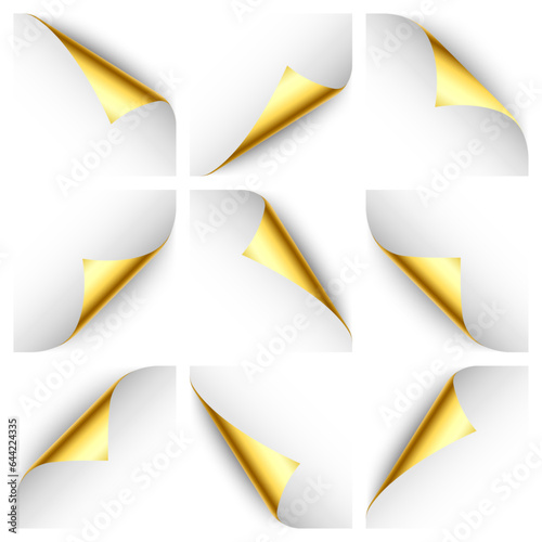 Set of golden paper curls. Curled page corner with shadow. Blank sheet of paper. Colorful shiny foil. Design element for advertising and promotion. Vector illustration.