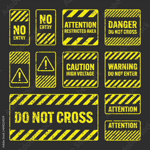 Various yellow grunge warning signs with diagonal lines. Old attention, danger or caution sign, construction site signage. Realistic notice signboard, warning banner, road shield. Vector illustration