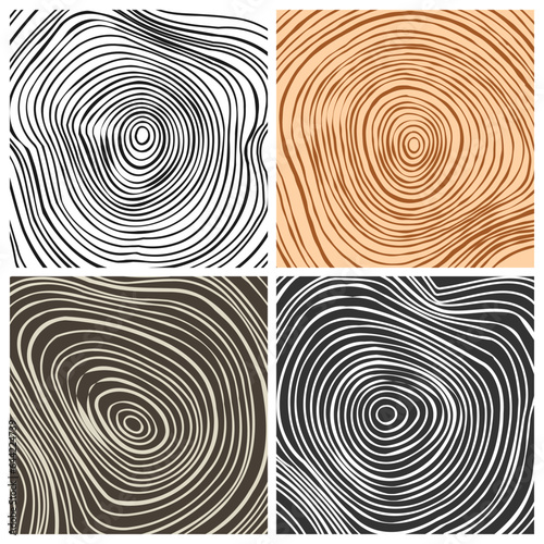 Tree trunk cut textures, pine or oak slice. Sawn timber, wood. Brown wooden texture with tree rings. Hand drawn sketch. Vector illustration